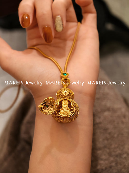 18K Gold Plated Large Filigree Inlaid Buddha Hulu Necklace