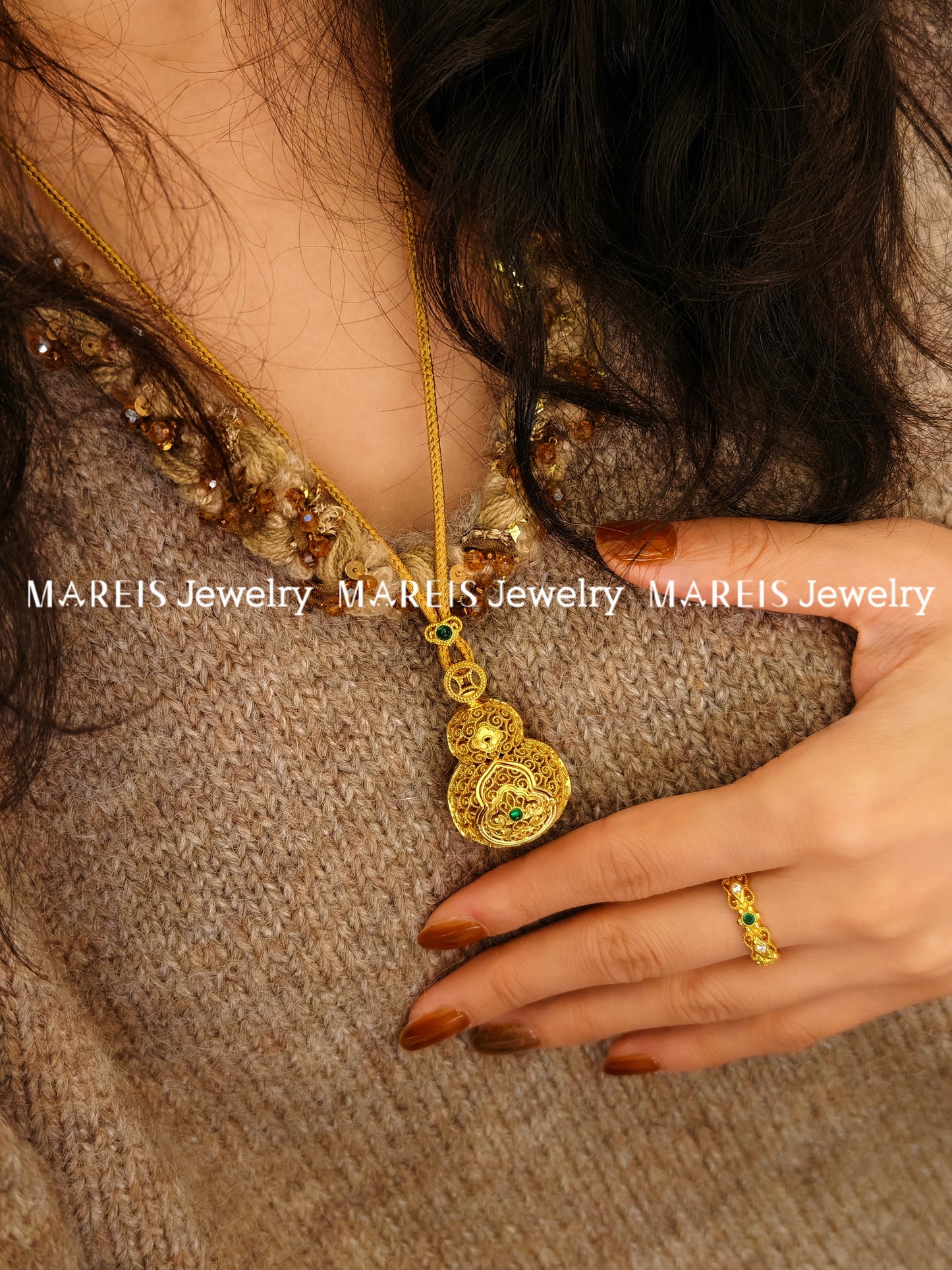 18K Gold Plated Large Filigree Inlaid Buddha Hulu Necklace