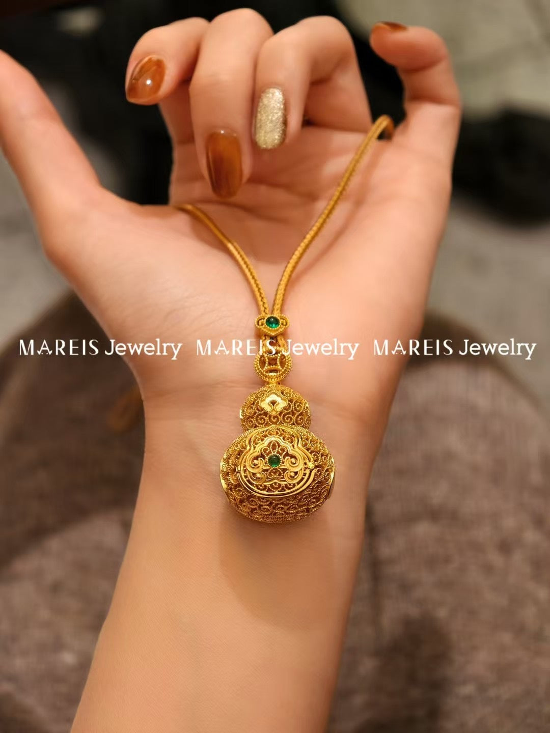 18K Gold Plated Large Filigree Inlaid Buddha Hulu Necklace