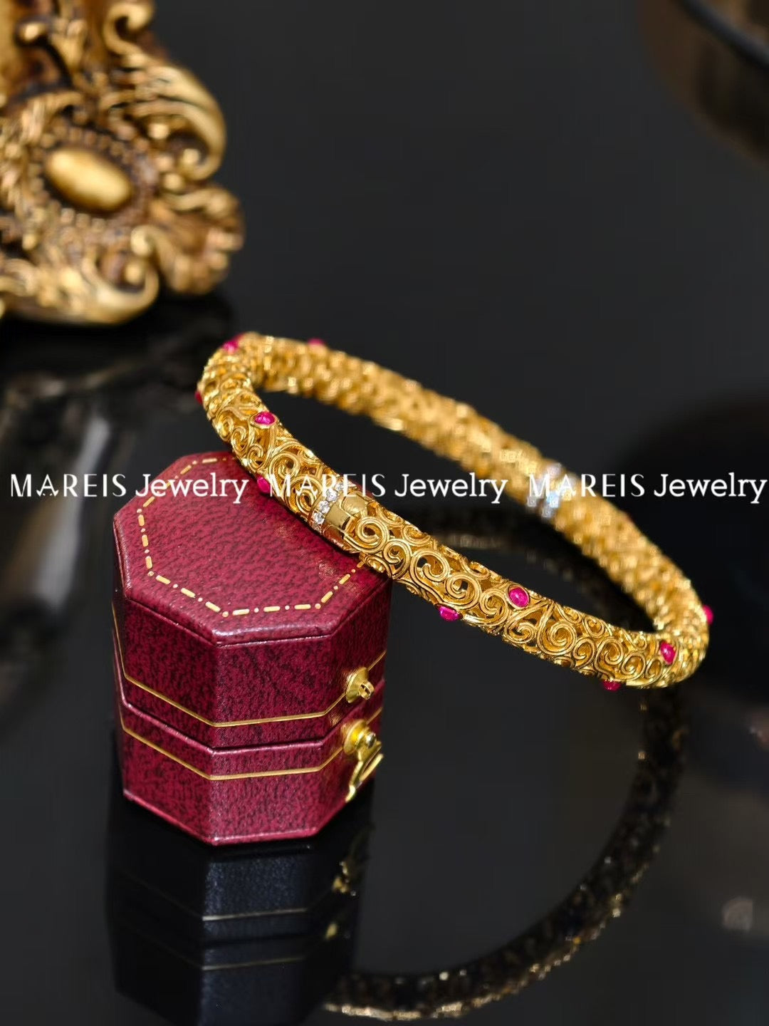 18K Gold Plated Filigree Inlaid Bangle in Red