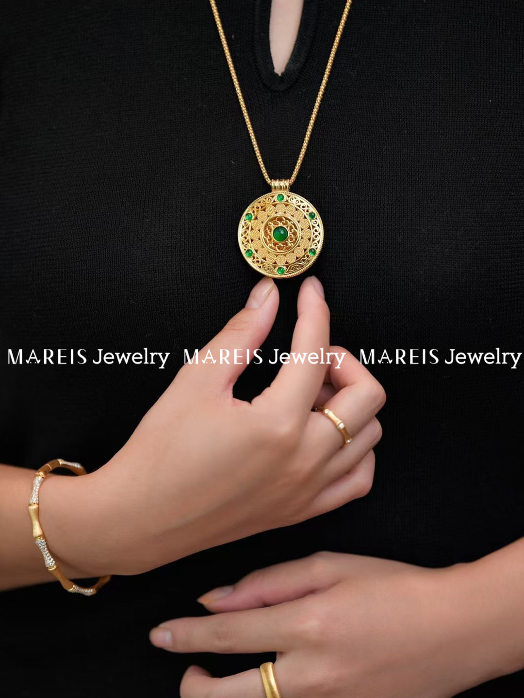 18K Gold Plated Sacred Green Gem Compass Necklace