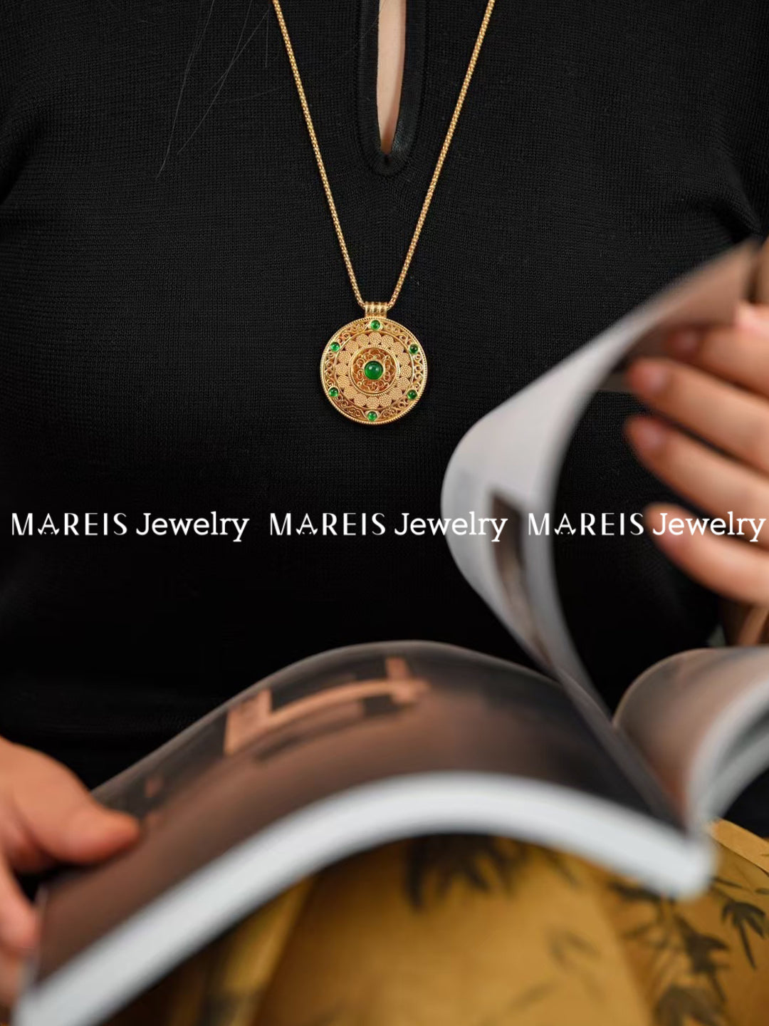 18K Gold Plated Sacred Green Gem Compass Necklace