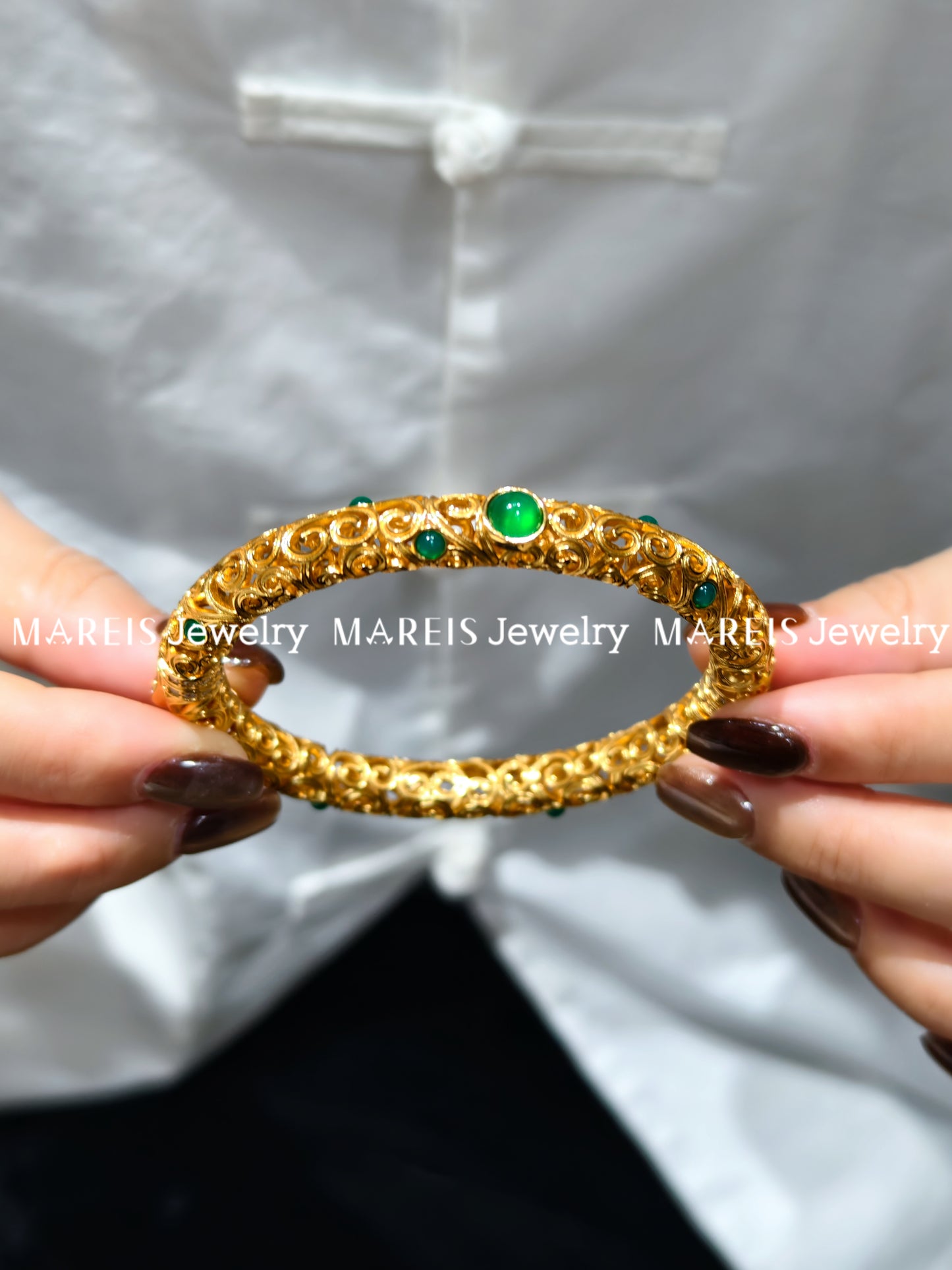 18K Gold Plated Filigree Inlaid Bangle in Green