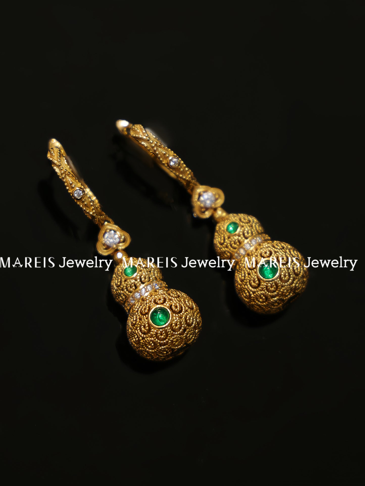 18K Gold Plated Filigree Inlaid Emerald Hulu Earrings