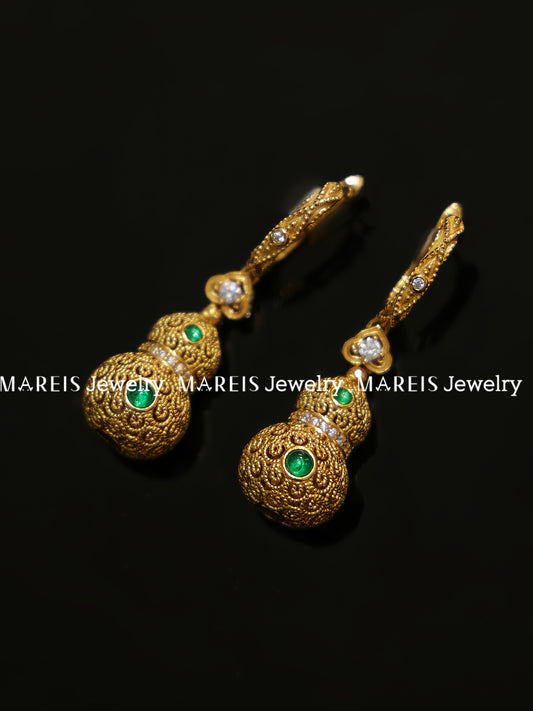 18K Gold Plated Filigree Inlaid Emerald Hulu Earrings