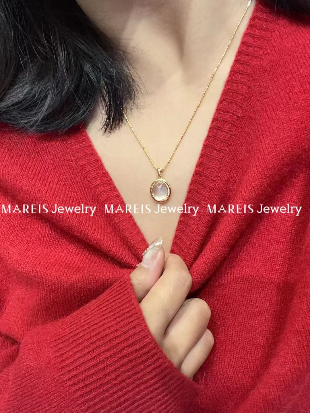 18K Gold Plated Oval Jade-albite Necklace