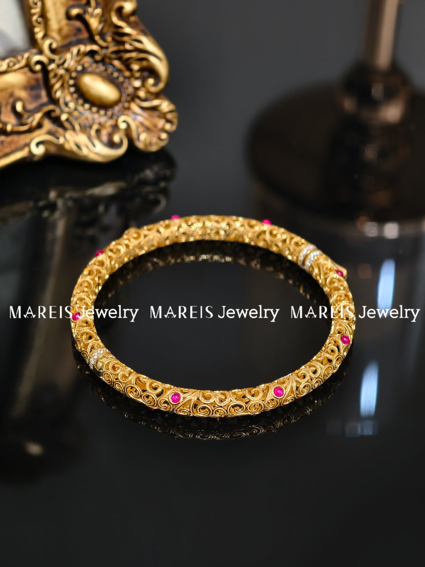 18K Gold Plated Filigree Inlaid Bangle in Red