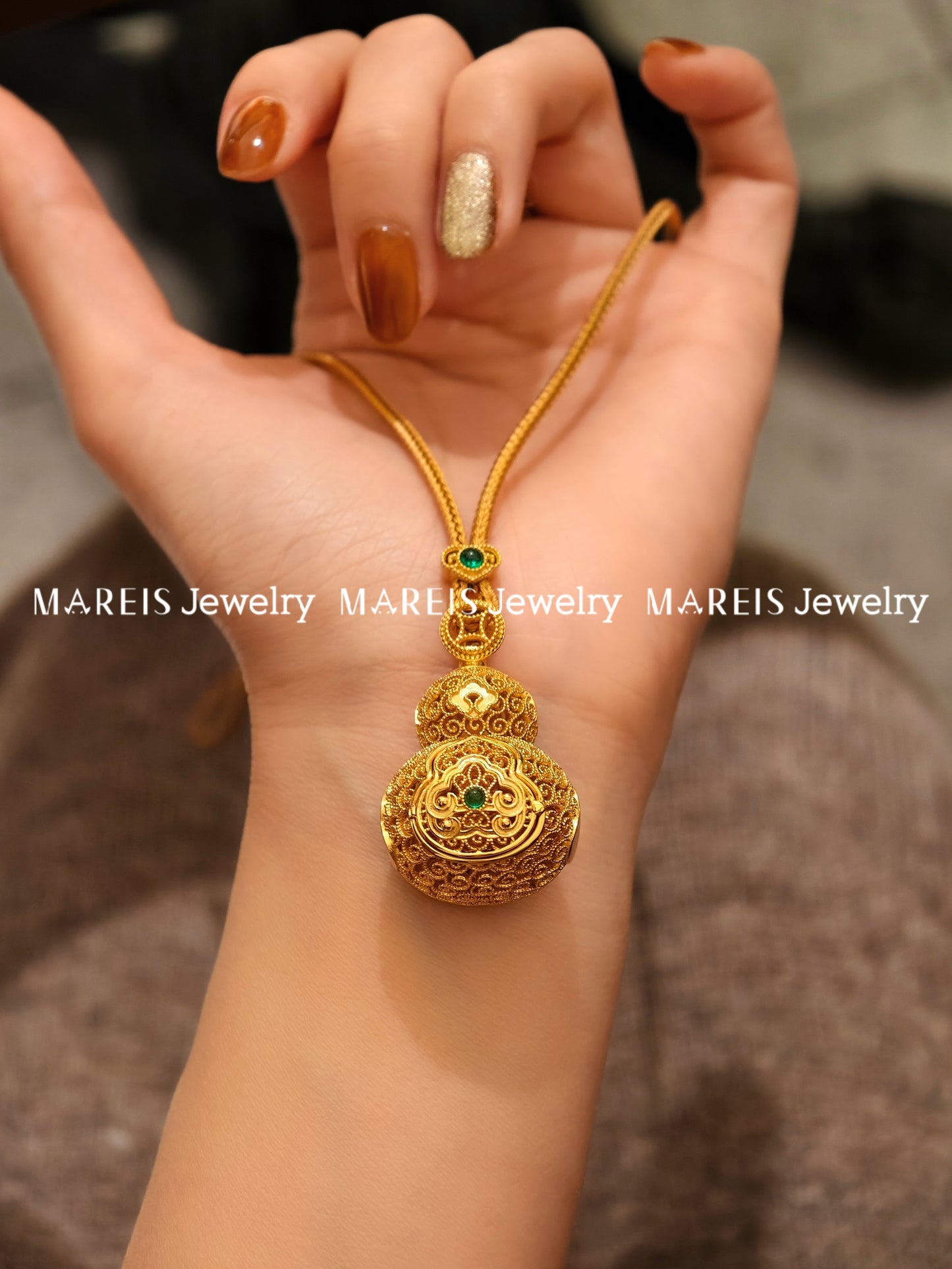 18K Gold Plated Large Filigree Inlaid Buddha Hulu Necklace