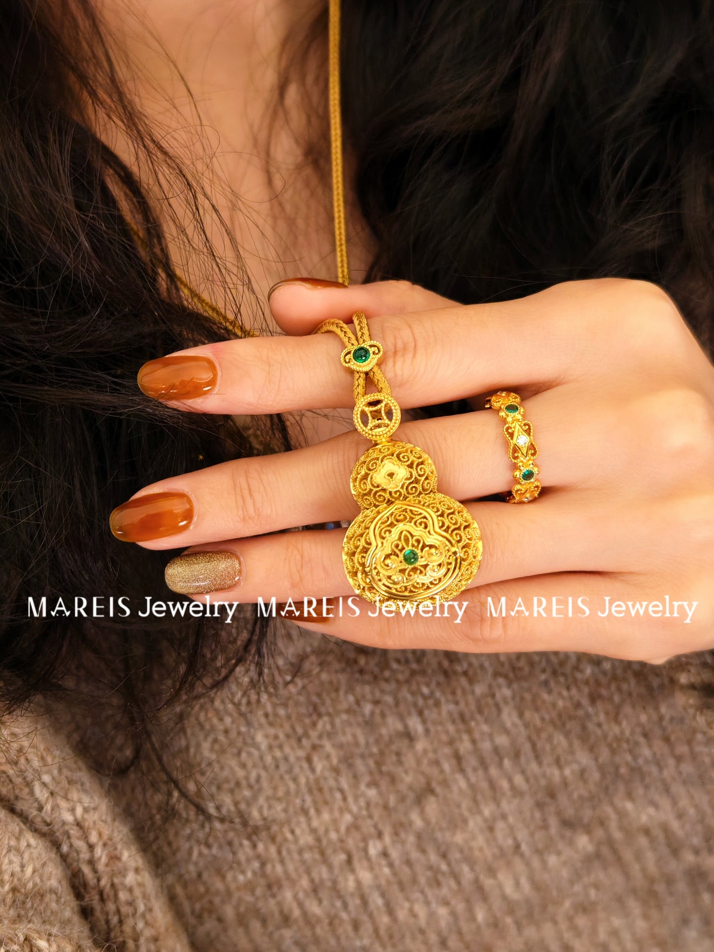 18K Gold Plated Large Filigree Inlaid Buddha Hulu Necklace