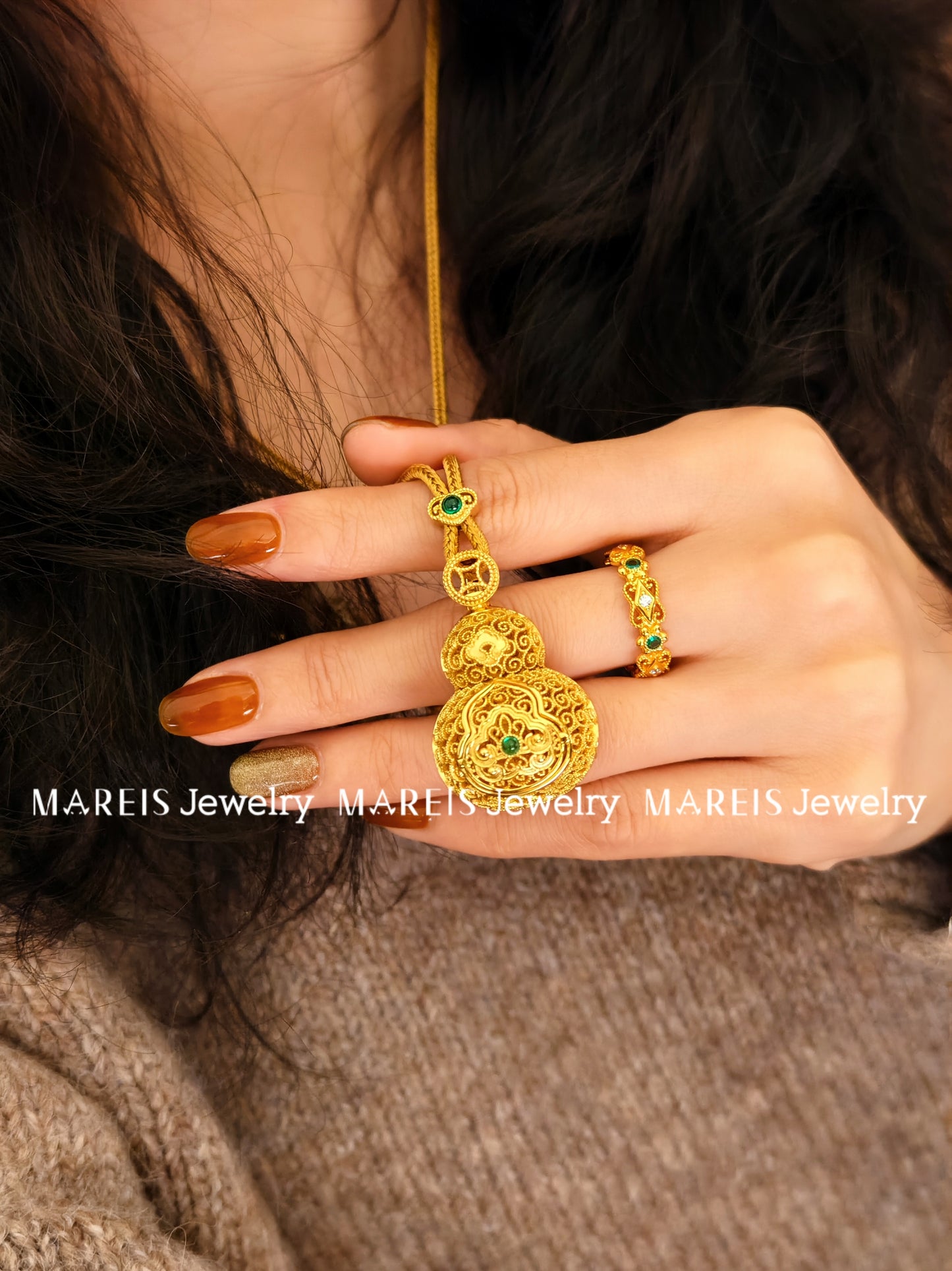 18K Gold Plated Large Filigree Inlaid Buddha Hulu Necklace